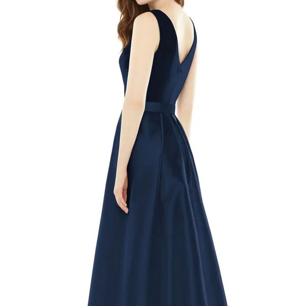Alfred Sung D723S Midnight Blue Satin V-Neck High/Low Gown - Picture 3 of 4
